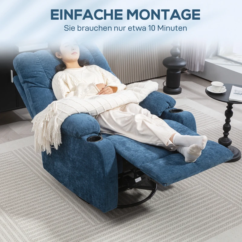 HOMCOM Relaxsessel mit Fußstütze, Liegesessel, drehbar, bis 150 kg, Stahlrahmen, 88x96x108cm, Dunkelblau(m-7)