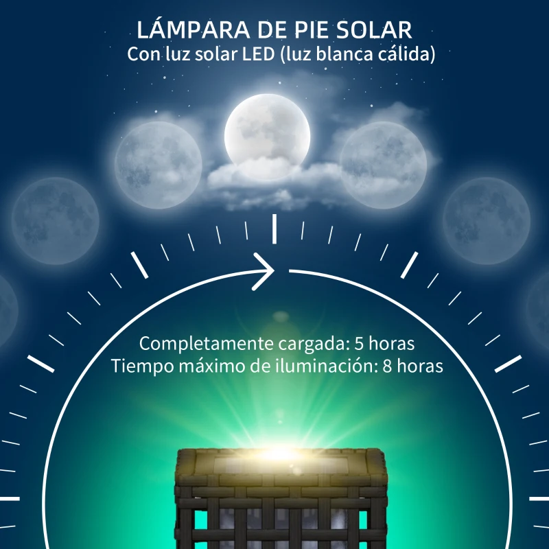 Outsunny Lámpara Solar de Ratán Sintético con Luces LED Encendido/Apagado Automático para Exterior 15,5x15,5x46 cm Negro
