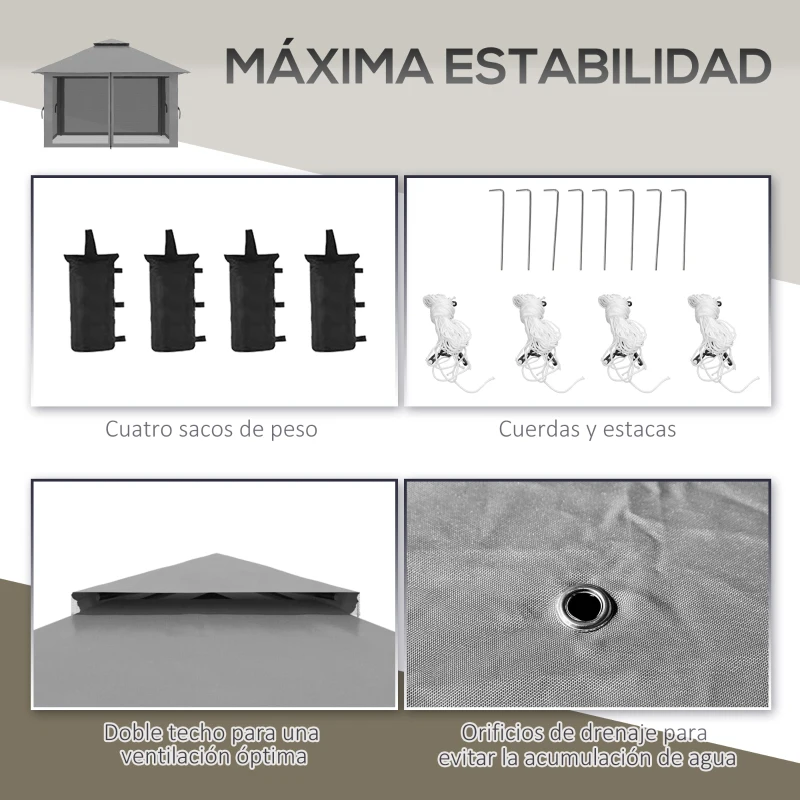 Outsunny Carpa Plegable Pop-up con Altura Ajustable Protección UV50+ Doble Techo y Mosquiteras 4x4x2,8 m Gris
