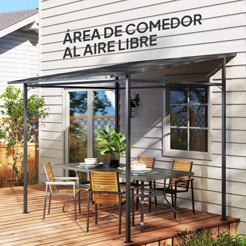 Outsunny Pérgola de Pared 2,4x2,4 m con Techo Inclinado Protección UV 30+ Impermeable Marco de Metal Gris Oscuro