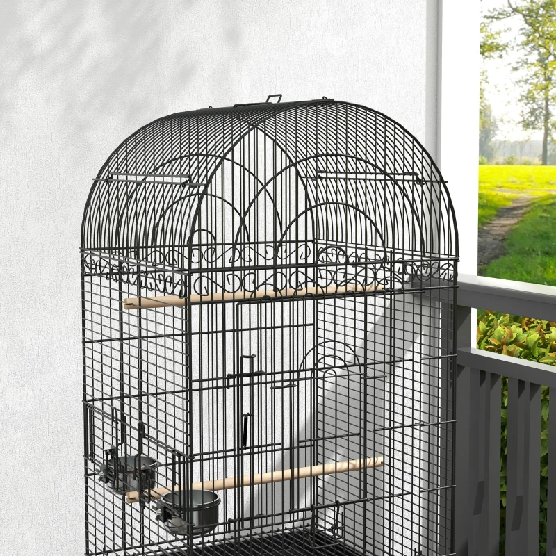 PawHut Jaula de Pájaros con Ruedas Jaula de Aves Exterior con Bandeja Extraíble Rejilla 2 Cuencos Percha 51x51x153 cm Negro