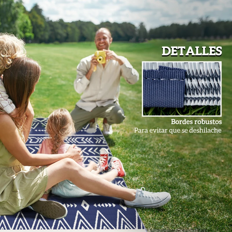 Outsunny Alfombra de Exterior Reversible 182x274 cm con Patrón Geométrico de Cenefa Impermeable con Bolsa Azul y Blanco