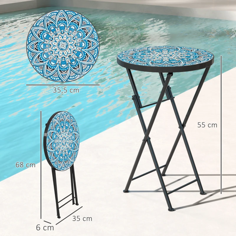 Outsunny Mesa Auxiliar Redonda de Jardín Plegable con Encimera de Mosaico y Almohadillas Antideslizantes Ø35,5x55 cm Azul