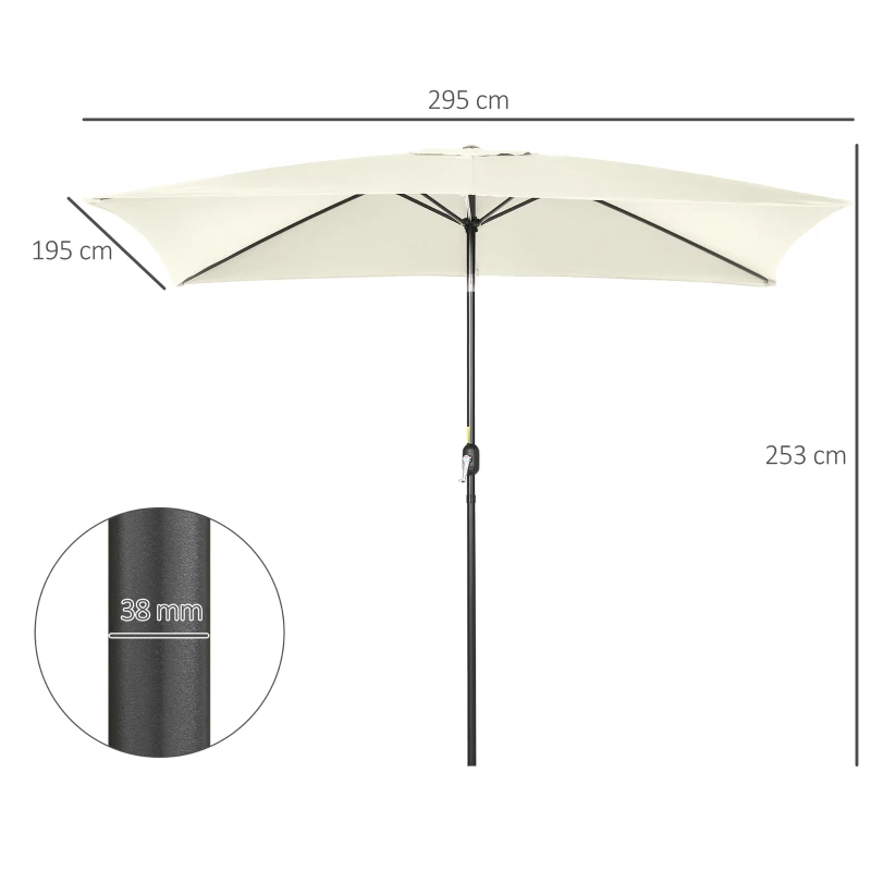 Outsunny Sombrilla de Aluminio 195x295x253 Parasol Rectangular de Jardín Inclinable con Manivela y Poste Desmontable Crema