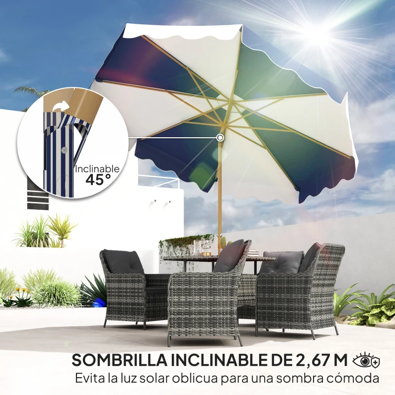 Outsunny Sombrilla Grande con Protección UV 50+ y Toldo Ajustable para Jardín Patio y Terraza Ø2,67x2,38 m Rayas Azul y Blanco