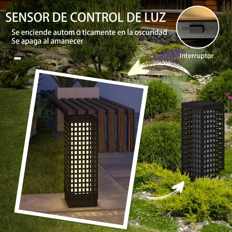 Outsunny Lámpara Solar de Ratán Sintético con Luces LED Encendido/Apagado Automático para Exterior 15,5x15,5x46 cm Negro