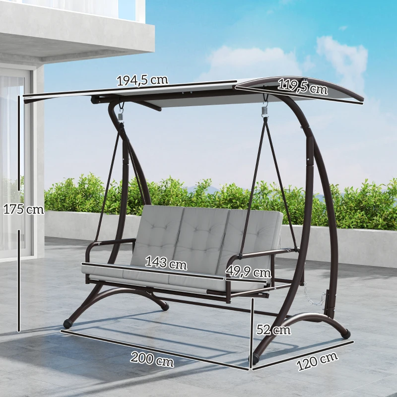 Outsunny Columpio de Jardín de 3 Plazas Convertible en Cama con Toldo Ajustable UPF30+ y Cojines 200x120x175 cm Gris Claro
