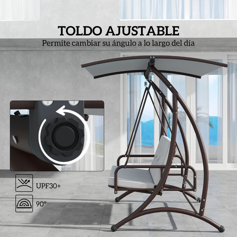 Outsunny Columpio de Jardín de 3 Plazas Convertible en Cama con Toldo Ajustable UPF30+ y Cojines 200x120x175 cm Gris Claro