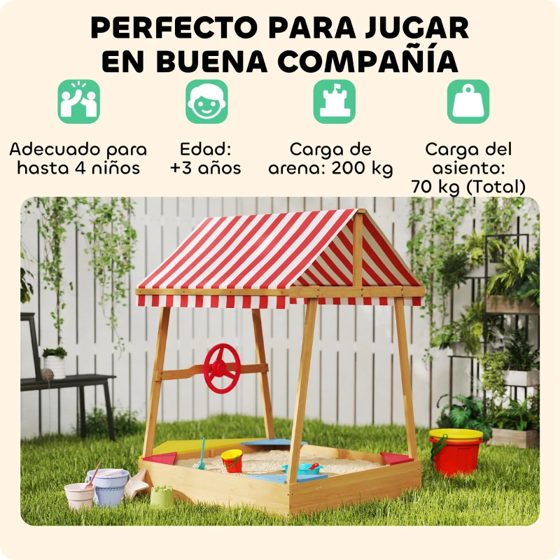 AIYAPLAY Arenero Infantil de Madera en Forma de Barco con Toldo Ajustable Timón y Forro de Base para Juegos al Aire Libre Natural
