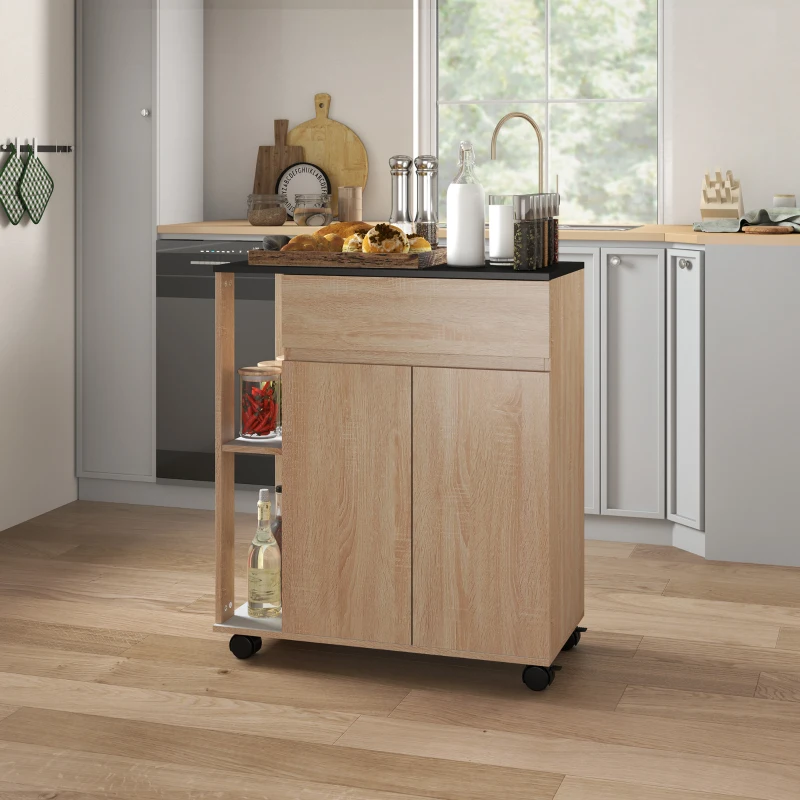HOMCOM Chariot de service desserte de cuisine à roulettes multi-rangements placard double portes + 2 étagères + tiroir panneaux particules chêne noir