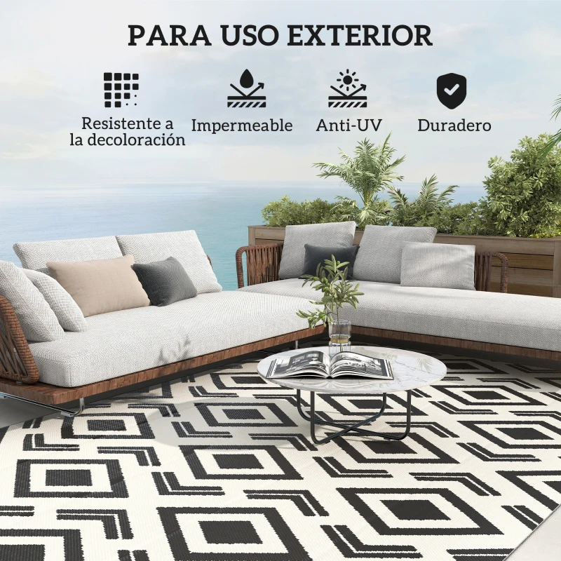 Outsunny Alfombra de Exterior Reversible 182x274 cm con Patrón Geométrico Impermeable con Bolsa Blanco y Negro