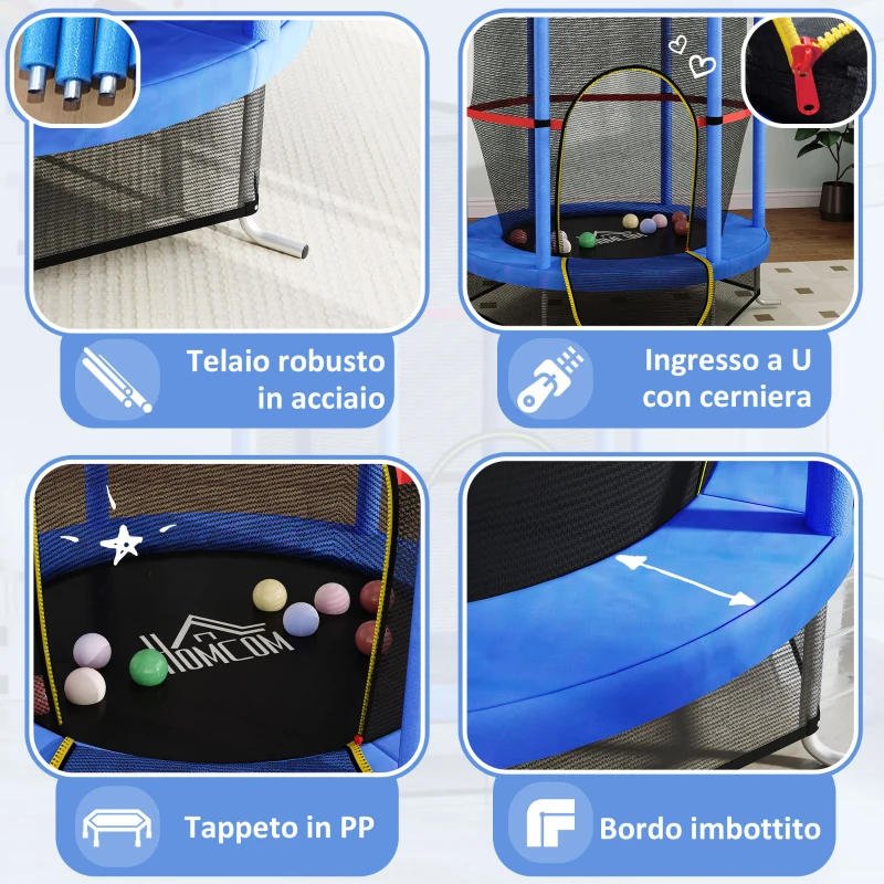 HOMCOM Tappeto Elastico per Bambini 3-6 Anni con Rete di Protezione, 6 Colonne e 3 Ingressi, Ø140x190 cm, Blu e Nero
