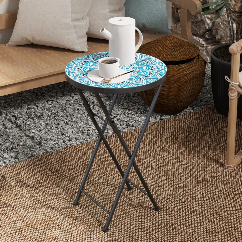 Outsunny Mesa Auxiliar Redonda de Jardín Plegable con Encimera de Mosaico y Almohadillas Antideslizantes Ø35,5x55 cm Azul