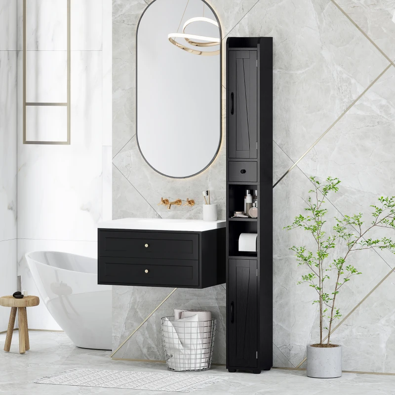 HOMCOM Columna de Baño con 2 Puertas Compartimento Abierto Estantes Ajustables y Portarrollos 20x20x185 cm Negro