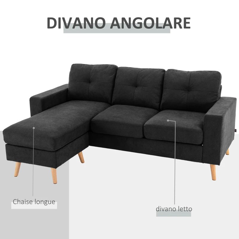 HOMCOM Divano 3 Posti ad Angolo con Penisola Reversibile e Cuscini, in Tessuto Effetto Lino, 193x136x85 cm, Nero