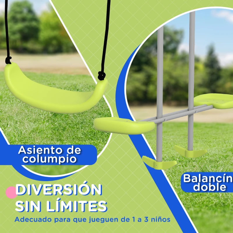 Outsunny Columpio para Niños Columpio Jardín Exterior con 1 Columpio Simple 1 Planeador y Anti-UV 255x160x180 cm Gris y Verde