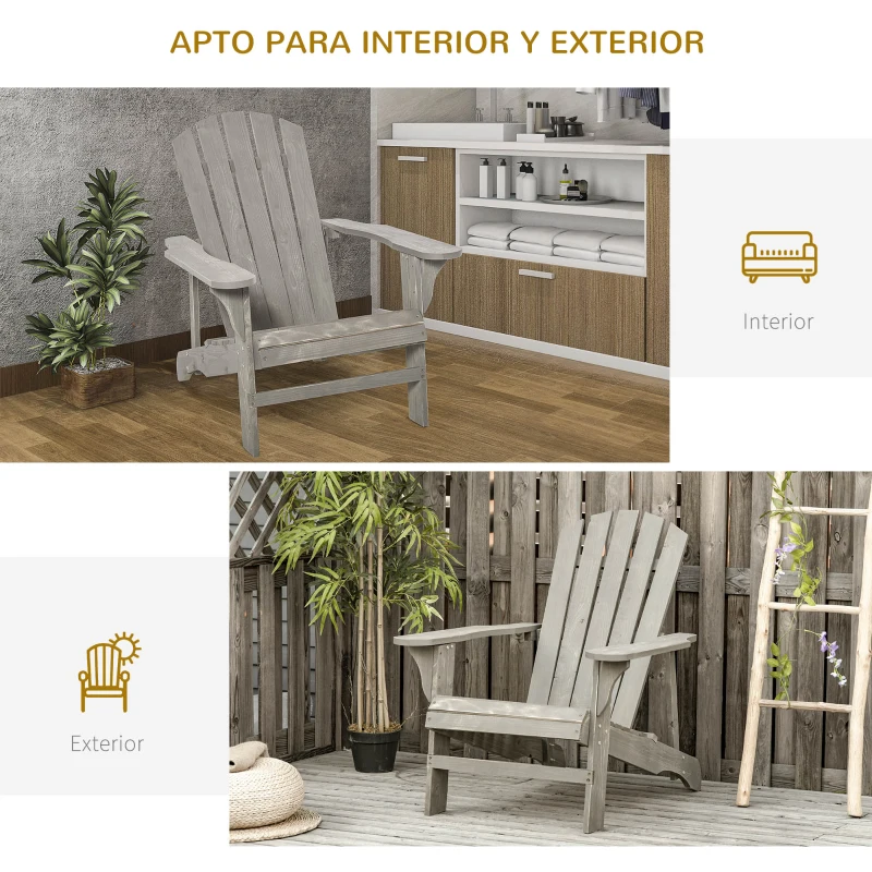 Outsunny Silla de Jardín Adirondack Asiento Extra Ancho Carga 150 kg para Patio Terraza Balcón 78x89x88 cm Gris Claro