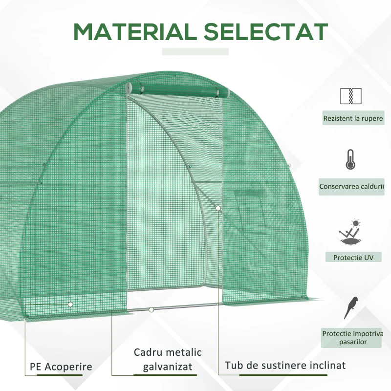 Outsunny Sera Tunel cu Usa care se Ruleaza si Ferestre cu Copertina PE si Structura din Otel, 150x300x200cm, Verde(m-4)