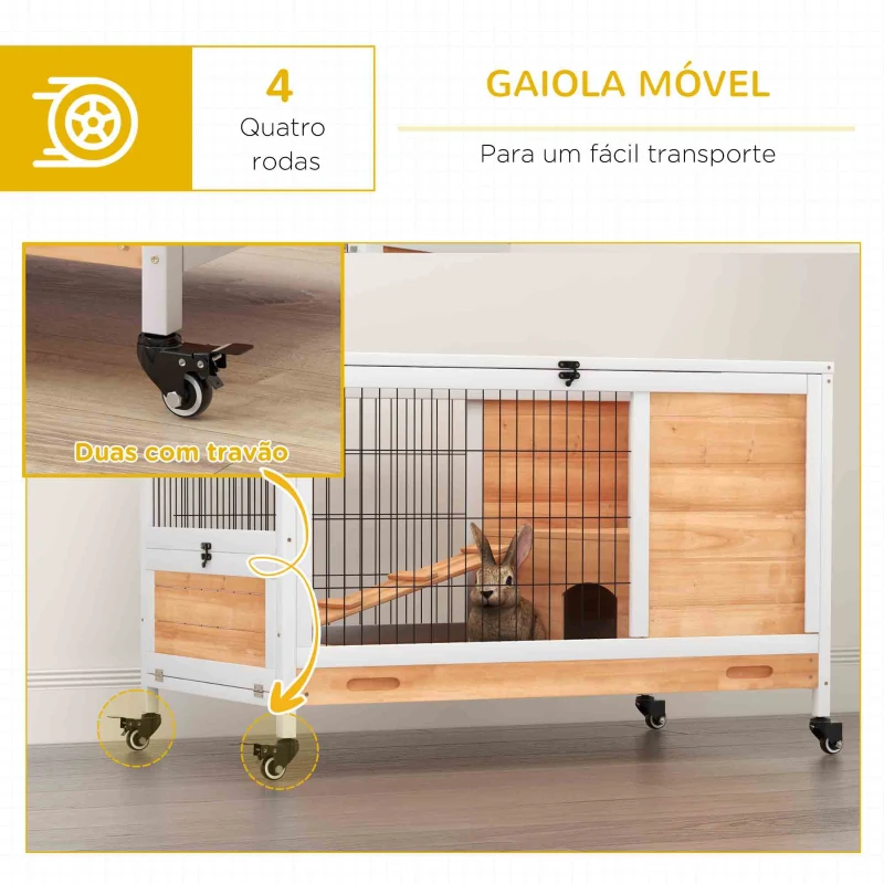 PawHut Coelheira de Madeira Gaiola de para Pequenos Animais Portátil com Teto Abatível Rampa Bandeja Amovível 90x53x59cm Madeira