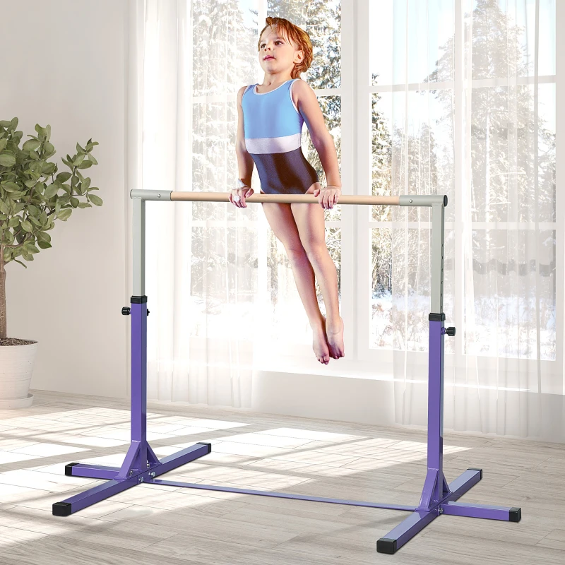 HOMCOM Barra de Gimnasia para Niños +3 Años Barra de Entrenamiento Altura Ajustable 92-150 cm Carga 75 kg 194x121x150cm Violeta