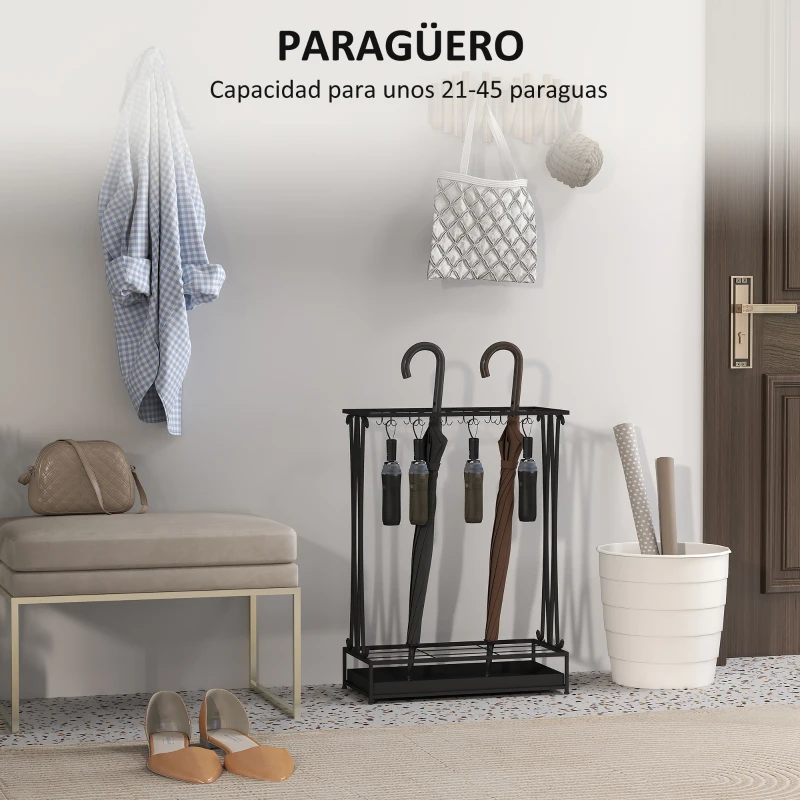 HOMCOM Paragüero Moderno de Acero con 21 Espacios y 24 Ganchos Bandeja Recogegotas Extraíble para Entrada 50x24x68 cm Negro