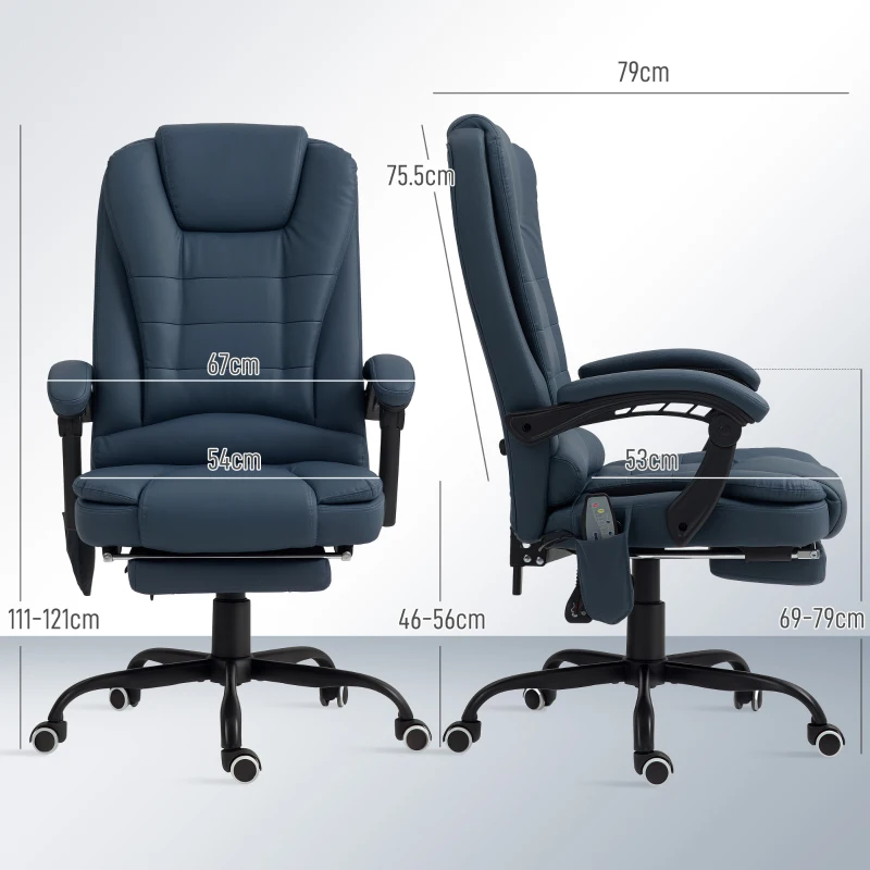 Vinsetto Fotoliu Ergonomic de Birou cu 7 Puncte de Masaj, Suport pentru Picioare și Înălțime Reglabilă, 67x67x111-121 cm, Albastru(m-3)