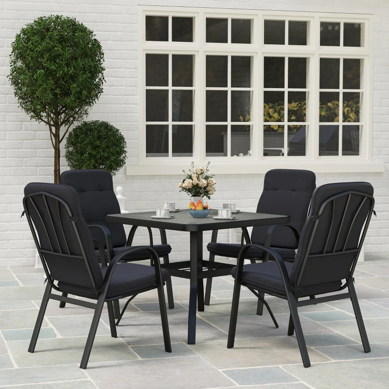Outsunny 5 Pieces Outdoor Square Garden Dining Set w/ Tempered Glass Dining Table 4 Cushioned Armchairs, Umbrella Hole, Black