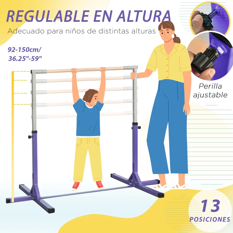HOMCOM Barra de Gimnasia para Niños +3 Años Barra de Entrenamiento Altura Ajustable 92-150 cm Carga 75 kg 194x121x150cm Violeta