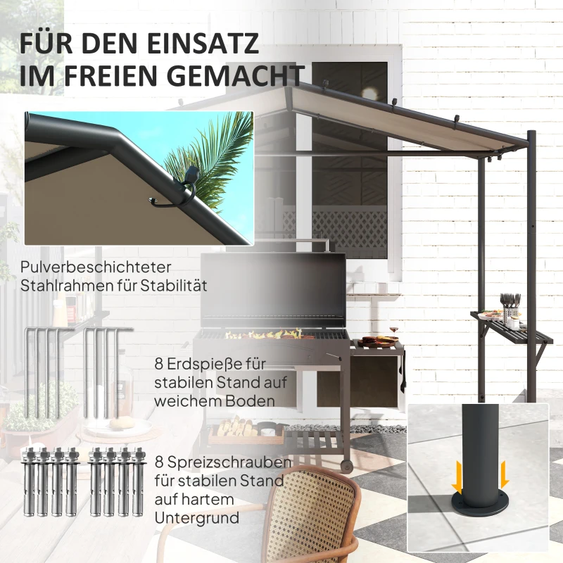 Outsunny Grillzelt Grilldach, wetterbeständig, inkl. Seitentaschen, 277 x 149 x 230 cm, Khaki(m-6)
