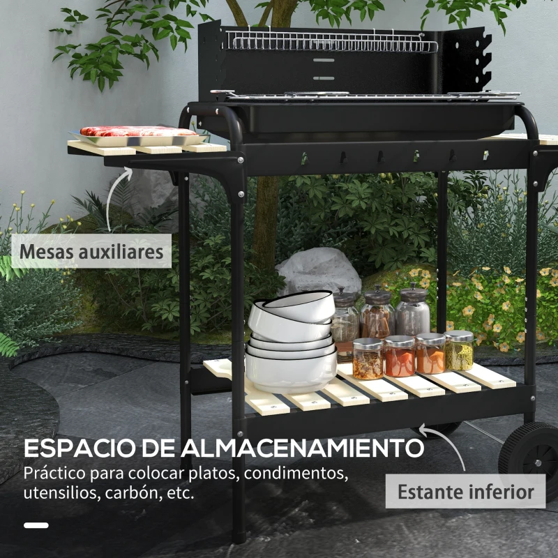 Outsunny Barbacoa de Carbón con Ruedas Parrilla Ajustable en Altura Estantes y 6 Ganchos 103x47x95 cm Negro