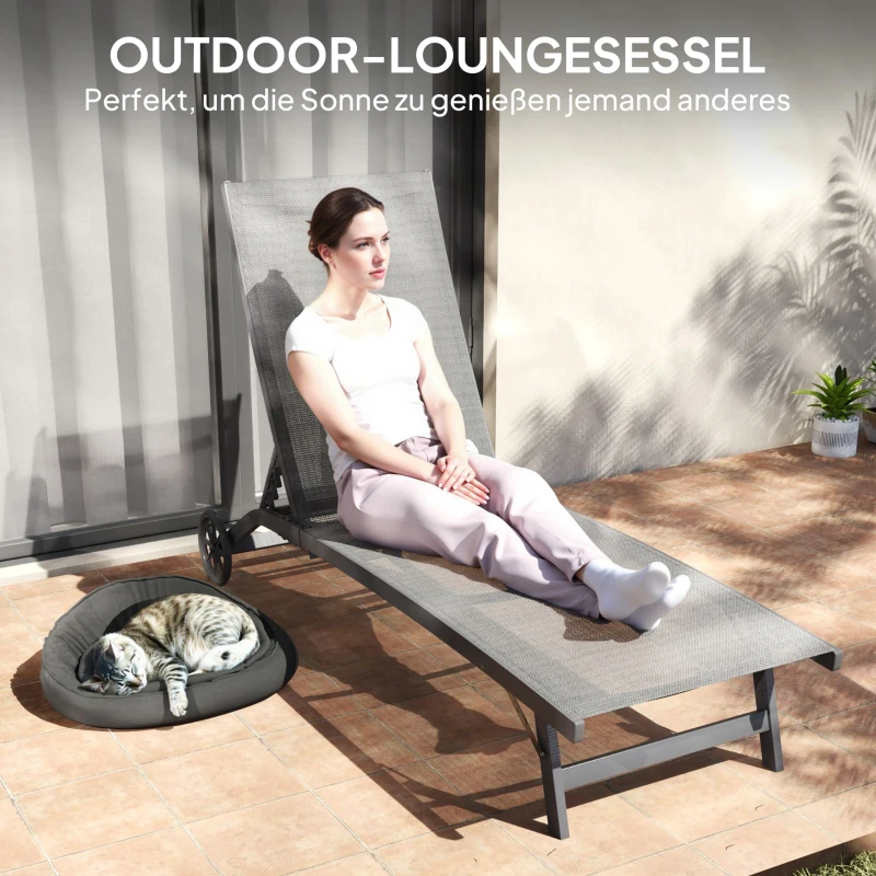 Outsunny Sonnenliege, 5-stufig verstellbare Rücklehne, atmungsaktiver Stoff, Aluminiumrahmen, Dunkelgrau, 195 x 66 x 34 cm