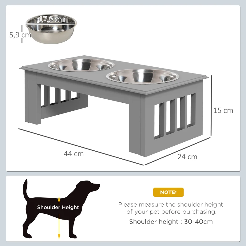 PawHut Comedero Elevado para Perros con 2 Cuencos Extraíbles de Acero Inoxidable 44x24x15 cm Gris
