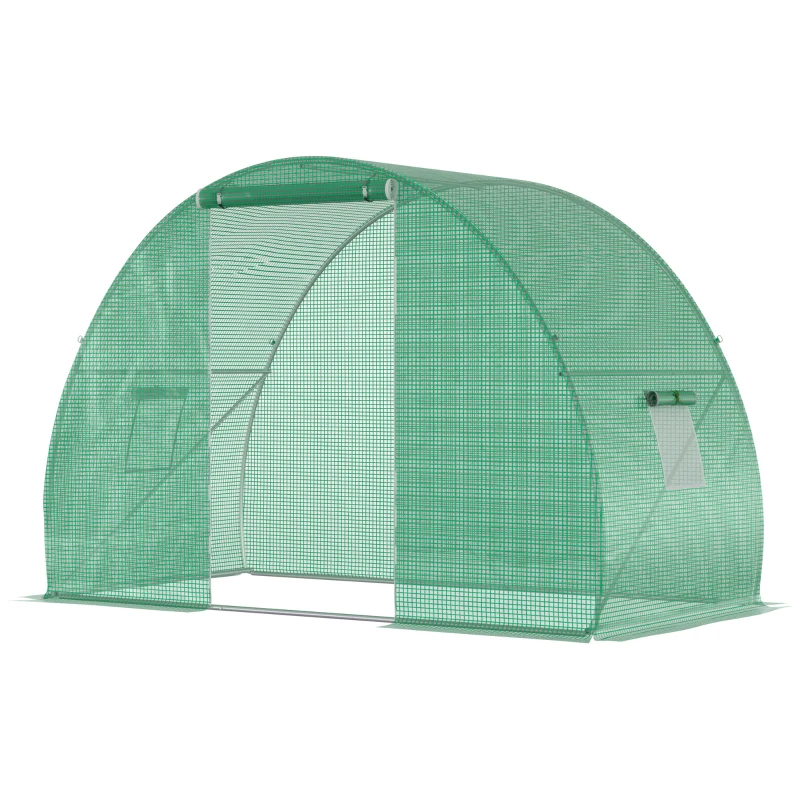 Outsunny Sera Tunel cu Usa care se Ruleaza si Ferestre cu Copertina PE si Structura din Otel, 150x300x200cm, Verde(m-11)