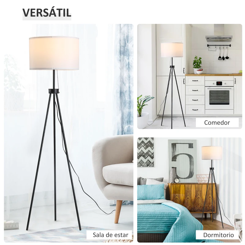HOMCOM Lámpara de Pie con Trípode Metálico y Pantalla de Tela Diseño Elegante y Clásico Ø37x152 cm para Hogar u Oficina