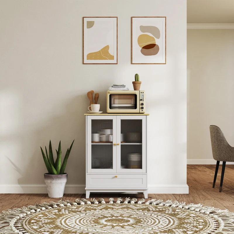 HOMCOM Aparador de Salón con Cajón y Estante Ajustable Aparador de 2 Puertas de Vidrio 68x35x85 cm Blanco y Roble