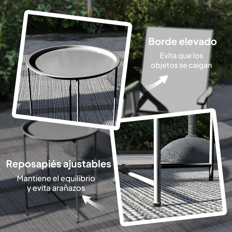 Outsunny Mesa de Jardín Redonda con Bandeja Extraíble Patas Ajustables y Acabado en Acero para Exterior Ø46x50 cm Negro