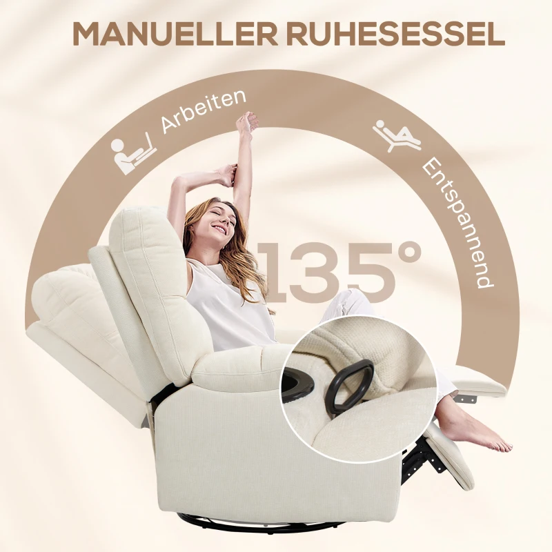 HOMCOM Relaxstoel met Voetensteun, Ligstoel, Draaibaar tot 150 kg, Stalen Frame, 88x96x108cm, Beige(m-4)