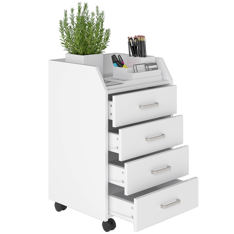 Cassettiera Per Ufficio Con 4 Ruote - 4 Ripiani E 3 Cassetti, In MDF Bianco, 38x40x86,8 Cm, Portadocumenti Mobile