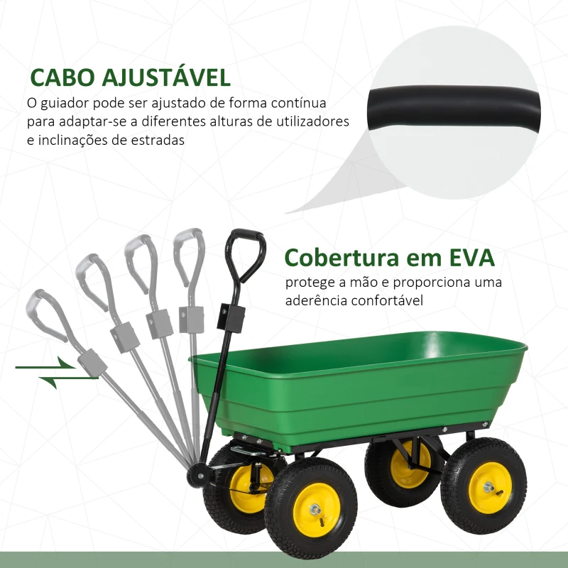 Outsunny Carrinho de Jardim com Caçamba Inclinável até 75° Carrinho de Mão com Guiador Ajustável e Capacidade 125L 118x58x102 cm Verde Escuro