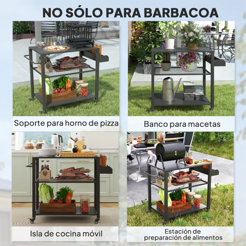 Outsunny Carrito de Parrilla para Jardín o Terraza Carrito de Servicio con Encimera Estantes y Ruedas para BBQ 105x50x79 cm Negro
