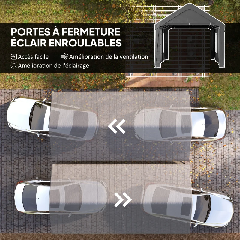 Outsunny Carport tente de garage 3 x 6 m avec parois latérales amovibles, 2 portes enroulables et 4 fenêtres, gris foncé