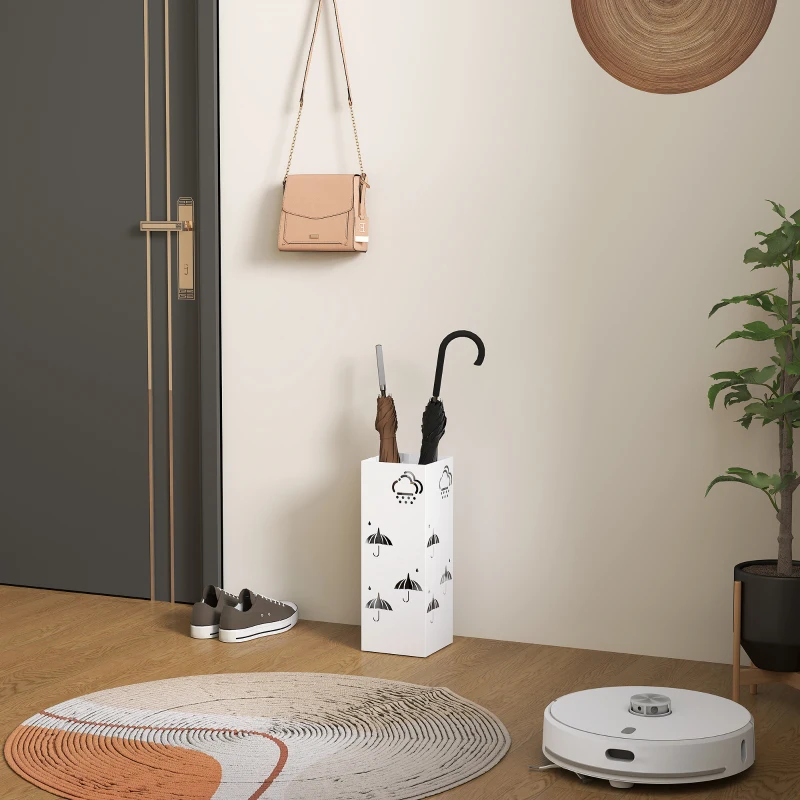 HOMCOM Paragüero de Acero con Bandeja Recoge Gotas Ganchos para Paraguas Plegables y Diseño Decorativo 15,5x15,5x41 cm Blanco