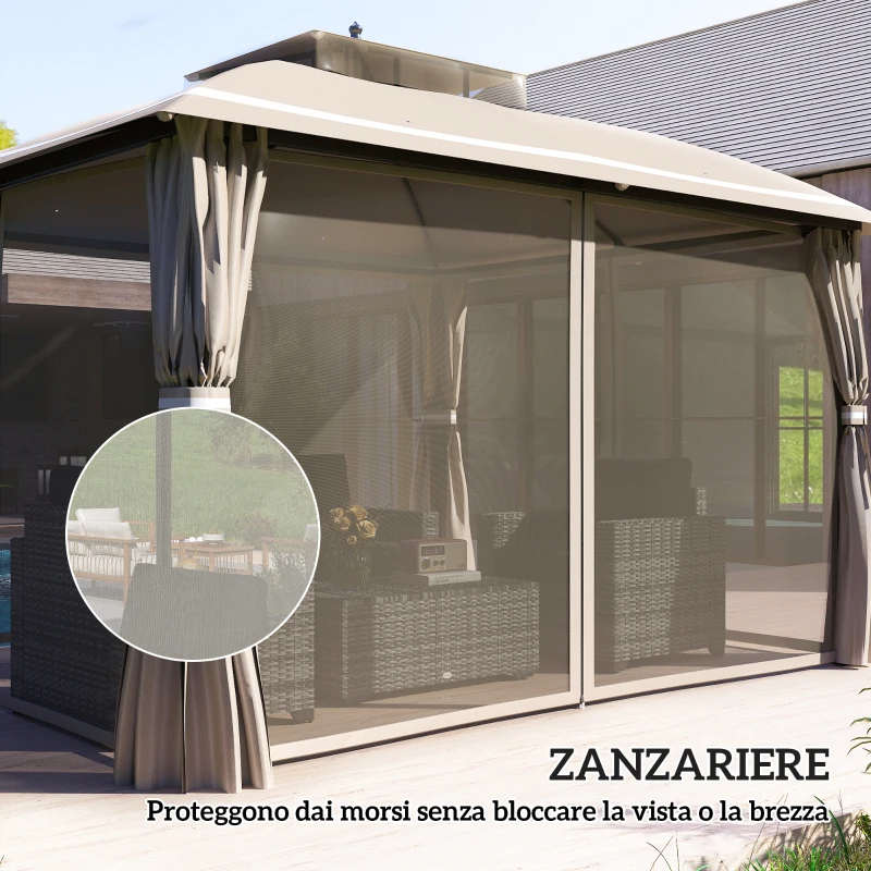 Outsunny Gazebo da Giardino 3.7 x 3 m con Zanzariera, Tende Laterali e Doppio Tetto, Beige