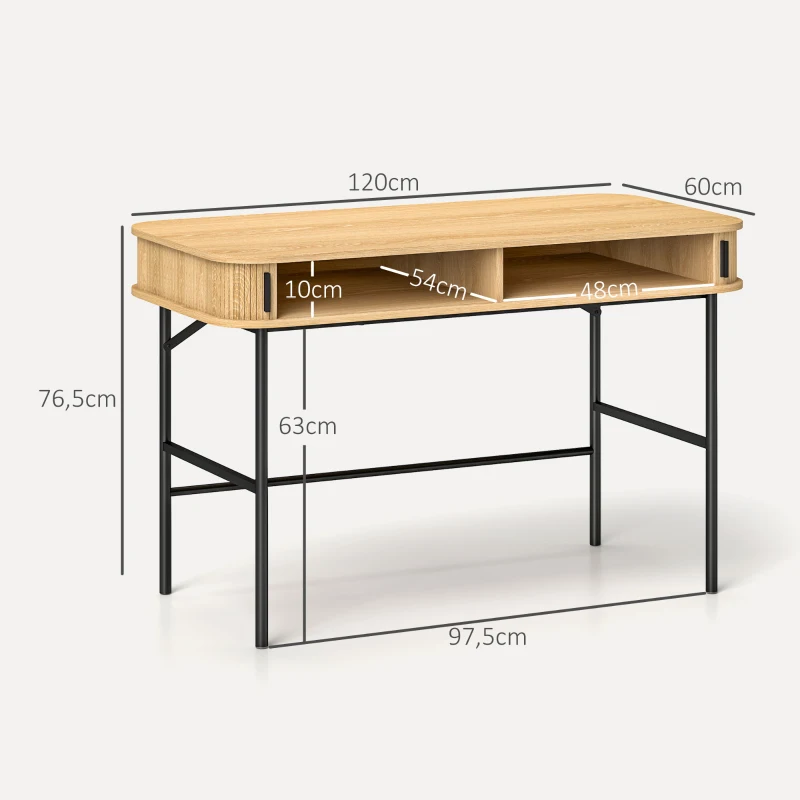 HOMCOM Schreibtisch, Retrostil, Lamellendekor, Staufächer, Stahlbeine, 120 x 60 x 76,5 cm, Eiche/Schwarz