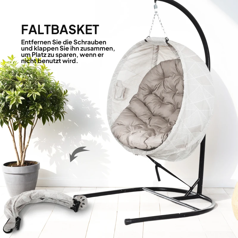 Outsunny Wiszący kosz w kształcie jajka, fotel z funkcją huśtania i składanym koszem, krzesło ogrodowe z uchwytem na kubek, kolor sandbraun