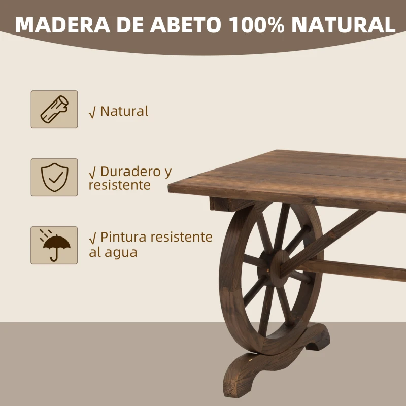 Outsunny Mesa de Jardín de Madera de Abeto con Patas en Forma de Rueda para Exterior e Interior 110x60x65 cm Acabado Carbonizado