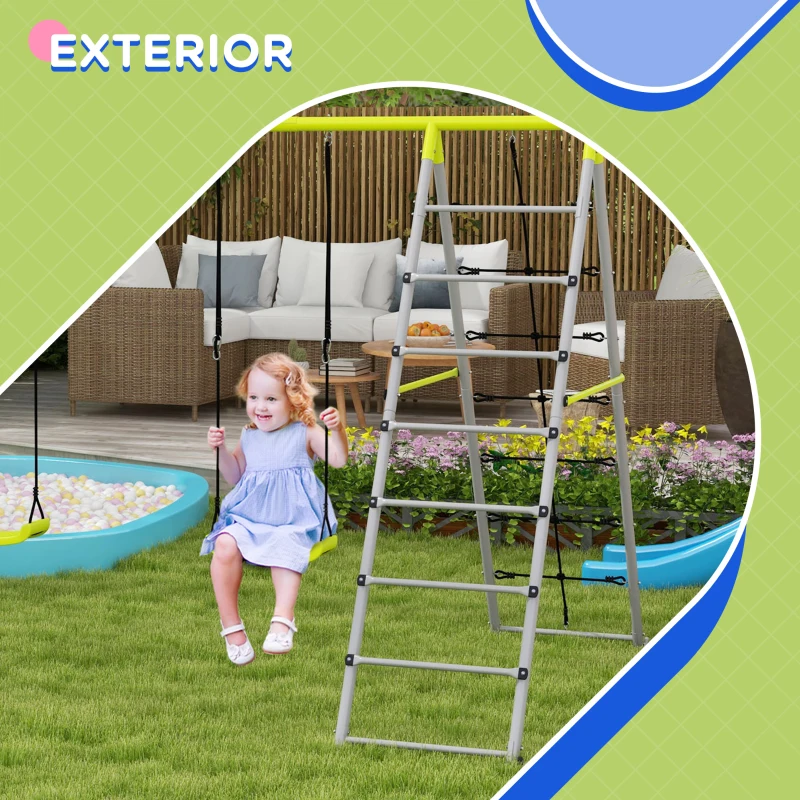 Outsunny Baloiço para Crianças 4 em 1 com 2 Baloiços Trepador Rede de Escalada Corda Ajustável e Anti-UV 260x185x180 cm Cinza e Verde