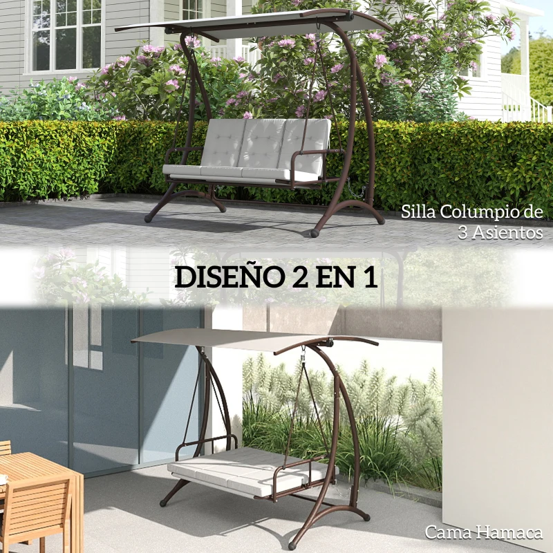 Outsunny Columpio de Jardín de 3 Plazas Convertible en Cama con Toldo Ajustable UPF30+ y Cojines 200x120x175 cm Gris Claro