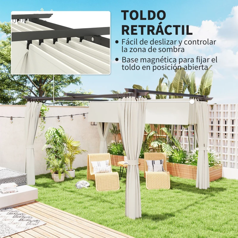 Outsunny Pérgola con Techo Retráctil 4x3 m Cenador con Paredes Laterales Anti-UV Resistente al Agua para Jardín Patio Crema