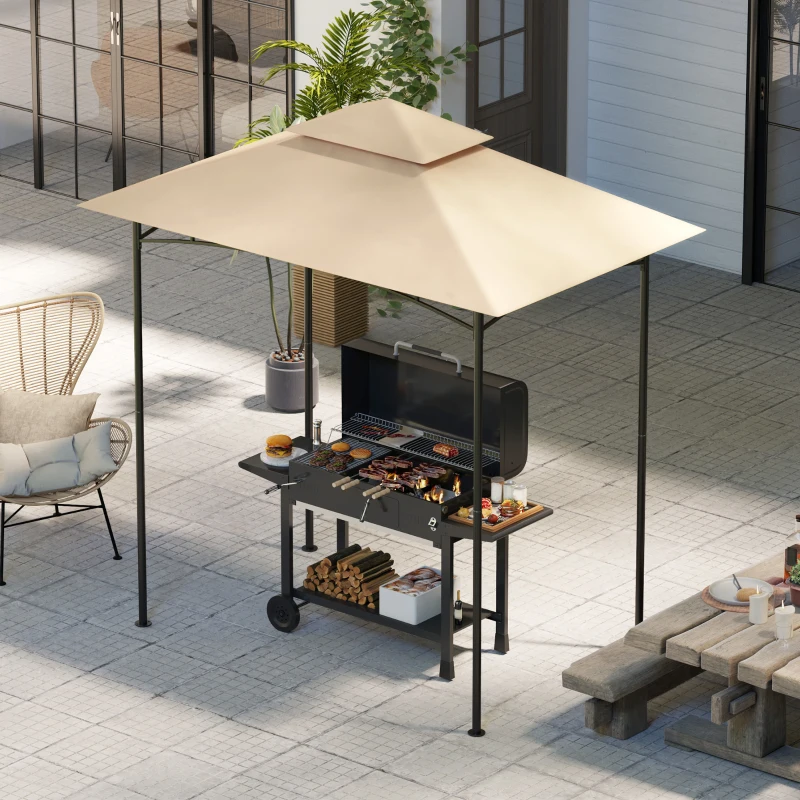 Outsunny Grill Gazebo Replacement Canopy Roof for 1.5 x 2.4m Frame, UPF50+ Protection, Double Tiered 5' x 8' Outdoor BBQ Gazebo Cover Replacement, TOP COVER ONLY, Beige